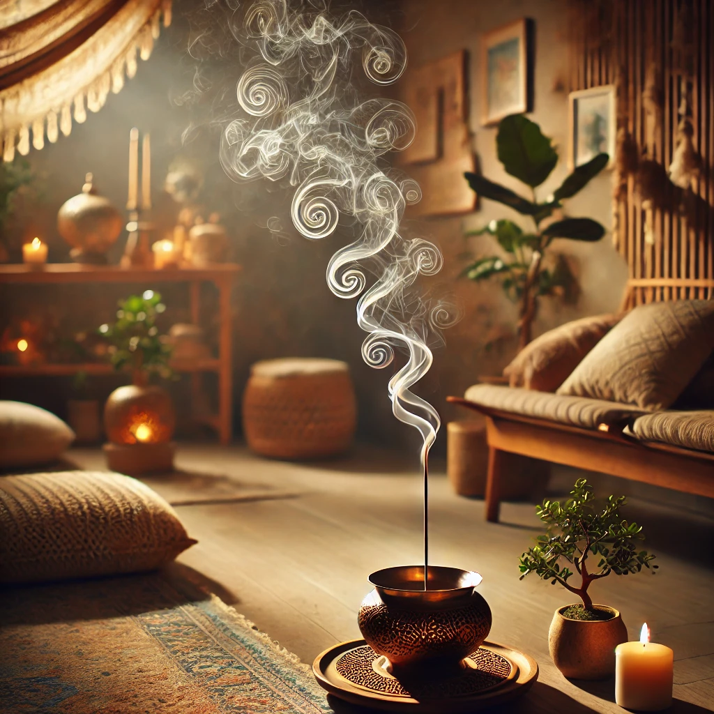 Alcohol incense Serene room with warm lighting and natural decor, featuring an incense burner releasing delicate spirals of fragrant smoke, slightly shimmering under the light, creating a peaceful and calming atmosphere