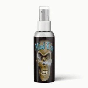 Mind Trip Alcohol Incense bottle with a distinctive design and clear liquid, highlighting its premium alcohol infusion for a potent and aromatic incense experience