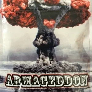 Pack of Armageddon Herbal Incense displayed with aromatic smoke rising, set against a tranquil background to evoke a sense of peace and relaxation